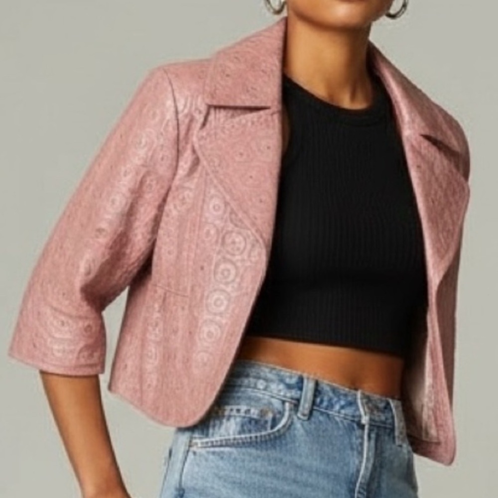 Peter Nygård Cropped Leather Jacket 3/4 Sleeve Embossed Biker Vintage Size 8